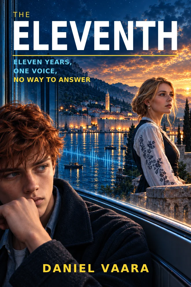 The Eleventh by Daniel Vaara. Dennis by a window and Lucija overlooking an illuminated Adriatic harbor.